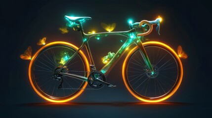 Glowing Road Bike with Fiery Wheels on Dark Background