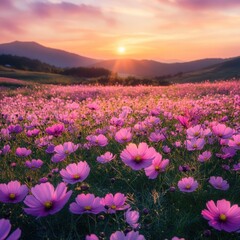 Fototapeta premium Pink Cosmos Flower Field at Sunset with Mountain Backdrop View