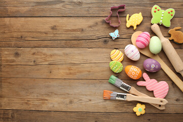  Easter biscuit moulds in pastel colours. Easter egg, bunny and chicken. Happy Easter day concept. Minimal concept. Space for text. Easter cookery on the background of baked goods.