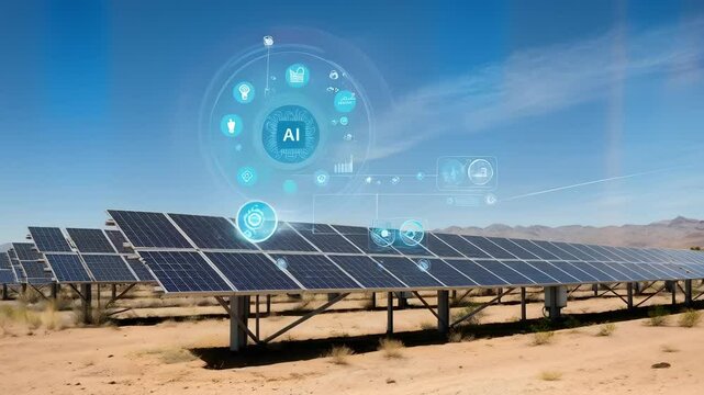Artificial intelligence software manages solar panel farm in desert area, optimizing energy production and distribution with innovative technology. Solar energy in implementation of green projects