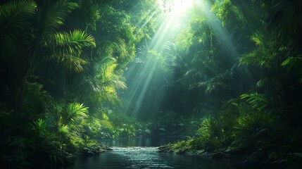 Mystic Rainforest, Sunbeams in Dark Jungle