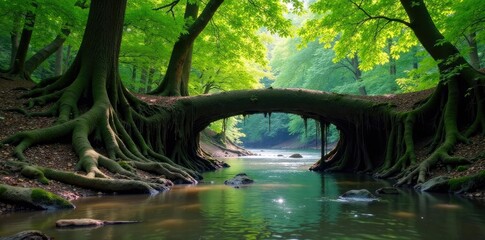 Ancient tree roots forming a natural bridge over a river, foliage, tree root path