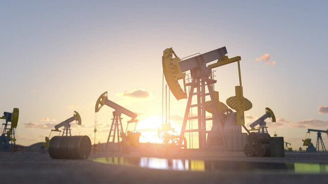 Working oil pump and oil barrels on oil production field. 3d animation