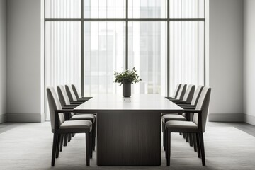 Fototapeta premium elegant modern office space with sleek conference table chairs arranged symmetrically and large window letting in natural