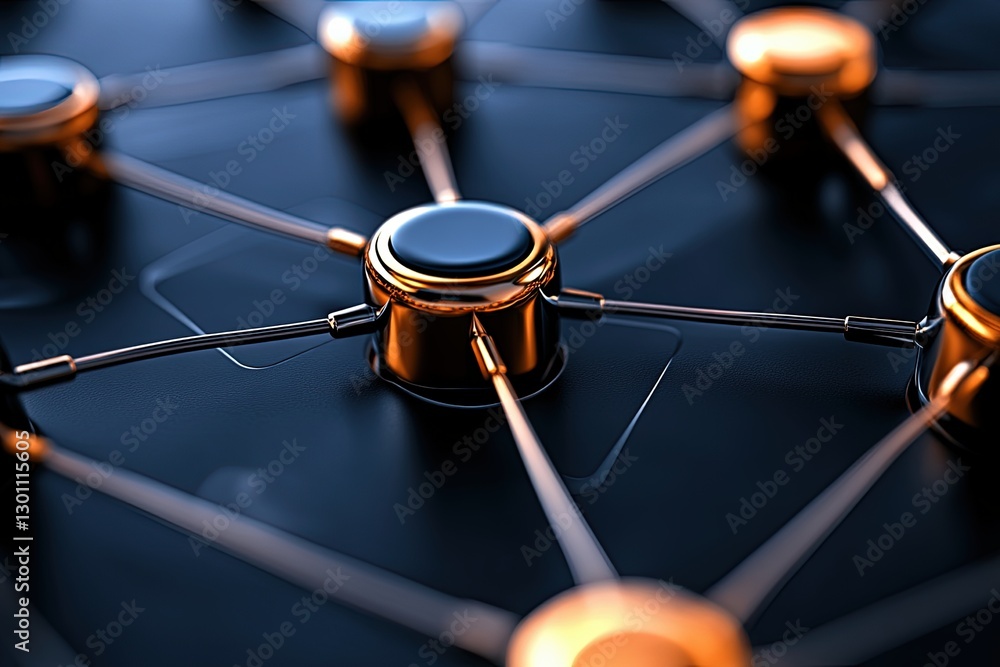 Poster modern network connections with metallic nodes and dark background for technology themes