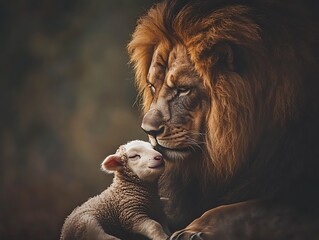 Lion hugging a lamb in a forest, calm, love