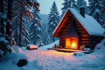 Cozy snow-covered cabin with warm fireplace and nature sounds, wood stove, forest surroundings