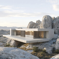 A minimalist mountain sanctuary with overlapping concrete plumes, matte gray textures, and metallic window accents, blending seamlessly into rugged terrain.