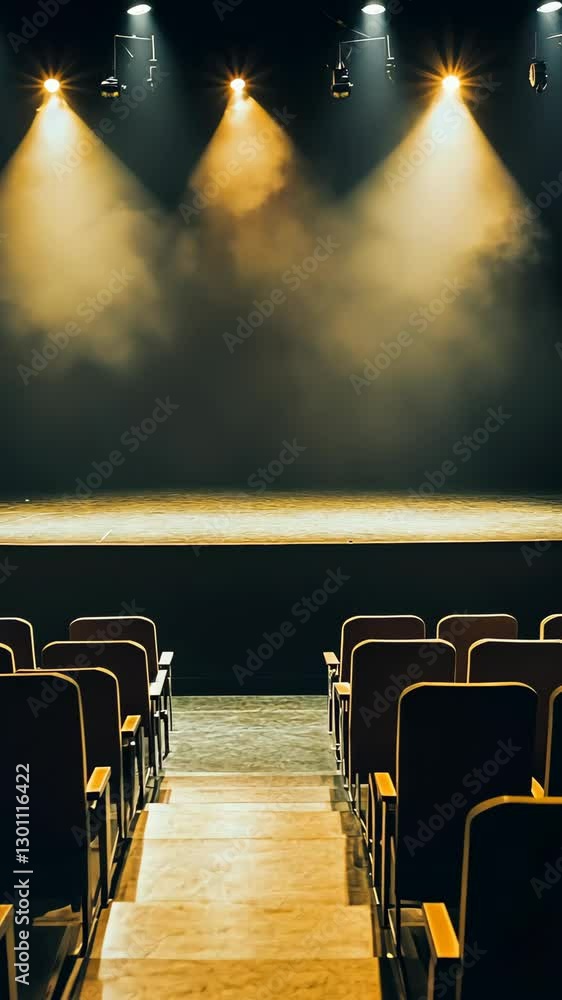 Poster empty theater with stage lights illuminating the performance area and fog effects, creating a dramat