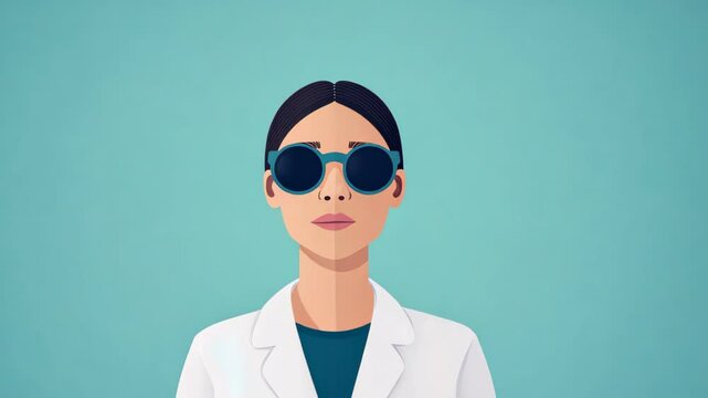 Eye Examination Illustration of Woman Wearing Sunglasses and White Coat on Aqua Background for Modern Medical and Health Care Concept