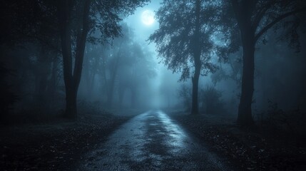 Fototapeta premium Mysterious Foggy Pathway in a Dark Forest