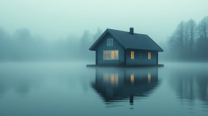 Fototapeta premium A quaint wooden cottage rests peacefully on calm, fog-covered waters, illuminated softly