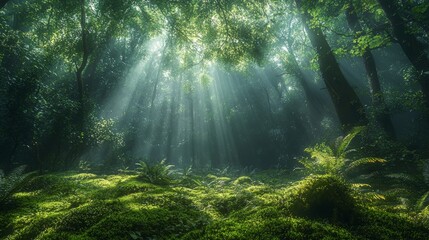 Obraz premium Lush Green Jungle with Mystical Fog and Sunligh