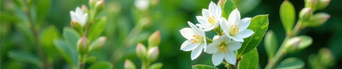 Naklejka premium Fresh bunch of eucalyptus flowers with green stems and white blooms, stem, garden