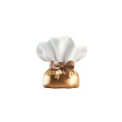 Emphasizing a chef hat resting on a golden base, adorned with a stylish ribbon, ideal for culinary graphics or cooking inspirations