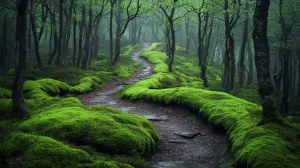 Fototapeta premium Mysterious Foggy Forest Pathway Surrounded by Trees