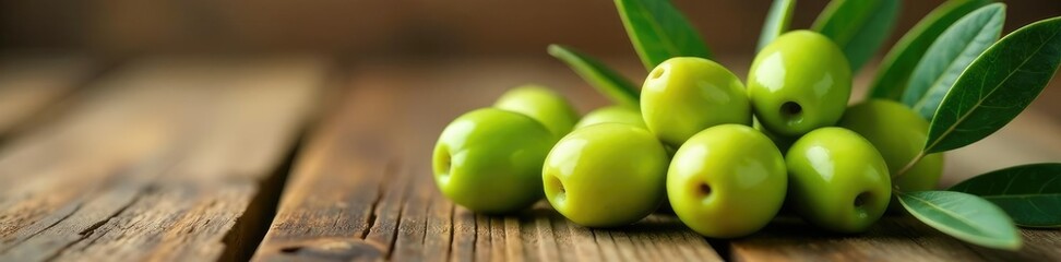 Obraz premium Fresh green olives and olive leaves on a wooden table, natural, olive harvesting, olive oil