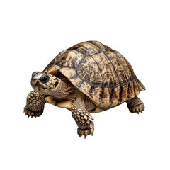 Obraz premium A brown turtle with intricate shell patterns moves slowly across a clear space, showcasing its natural beauty and textures