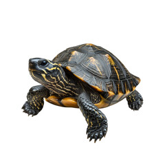 Fototapeta premium A vibrant turtle with a striking shell is moving forward, showcasing beautiful markings against a clear backdrop