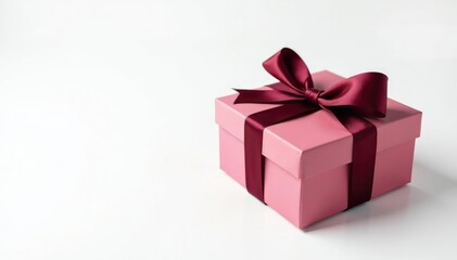 Gift box with burgundy ribbon on a white background, gift wrapping, white background