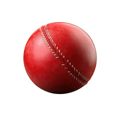 A bright red cricket ball featuring detailed stitching is displayed on a transparent background, highlighting its round shape and quality