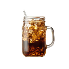 Iced tea filled to the brim with ice cubes is presented in a clear mason jar, accompanied by a straw, perfect for warm weather refreshment