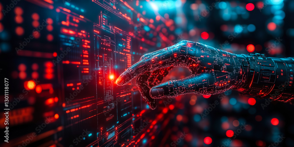 Poster ai-driven market analysis with futuristic interface and robotic hand delivering real-time insights f