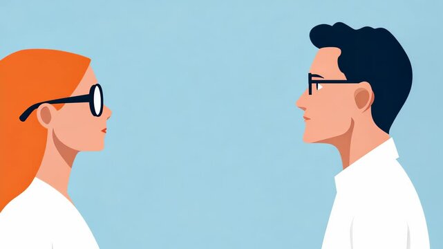 Vision Test Illustration with Two People Wearing Glasses Facing Each Other in Profile View on Light Blue Background