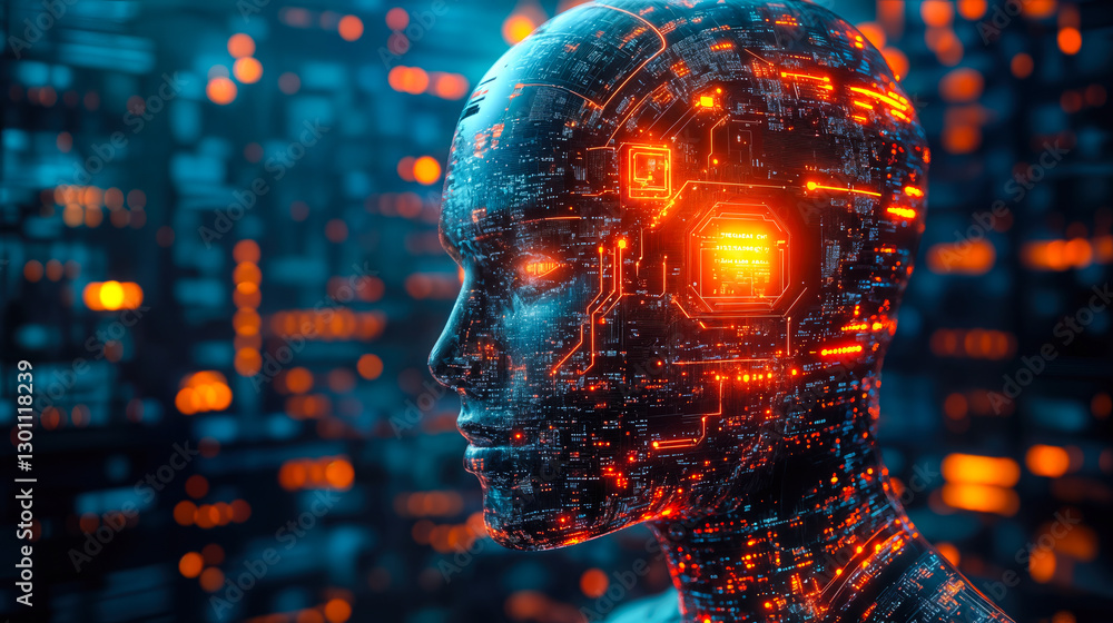 Poster futuristic centralized ai solutions concept with digital interface and glowing circuits in abstract 