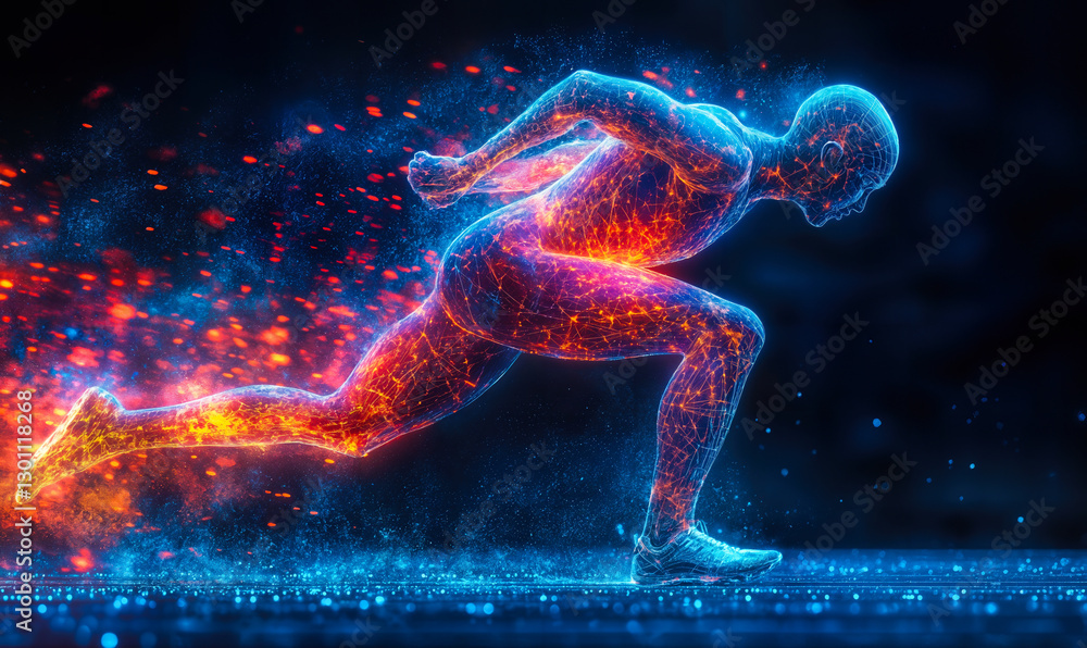 Poster dynamic digital illustration of an athlete with neural network visualization, depicting speed and en