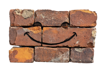 Creative brick wall concept with smiling face art for decorative purposes and interior design inspiration, cut out