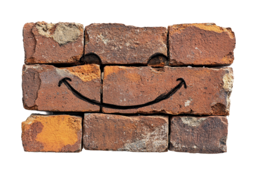 Creative brick wall concept with smiling face art for decorative purposes and interior design inspiration, cut out - Powered by Adobe