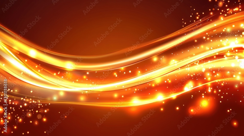 Poster abstract golden waves with sparkling particles on dark background