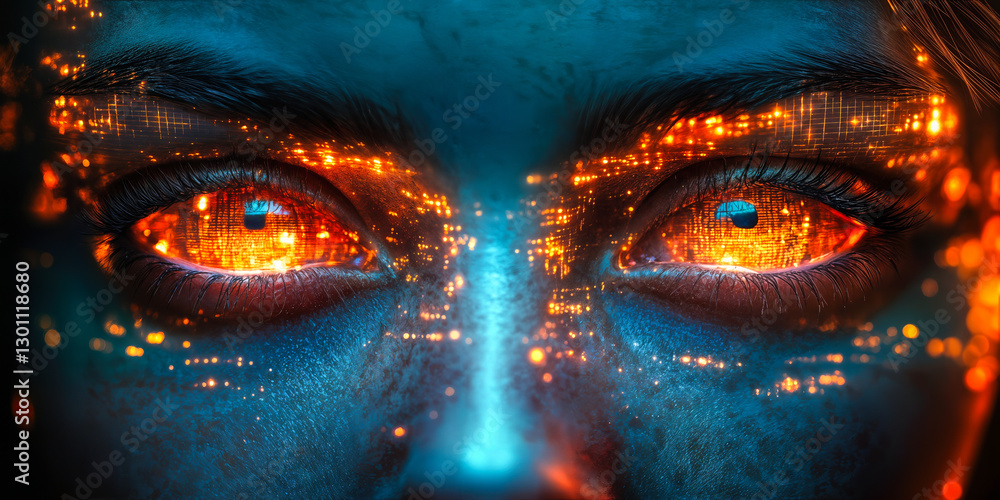 Poster futuristic digital privacy ai concept with illuminated eyes highlighting security and trust in data-