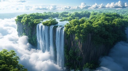 Naklejka premium A stunning waterfall flows from a green plateau, creating an ethereal landscape