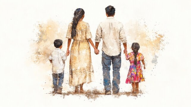 Latin American Family Celebrating National Hispanic American Heritage Month in Traditional Attire - Watercolor Painting Style Illustration