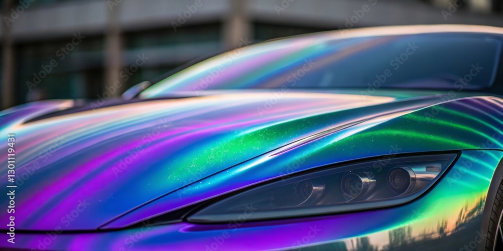 Poster an iridescent surface displaying dynamic, flowing colors in an abstract futuristic design, with shif