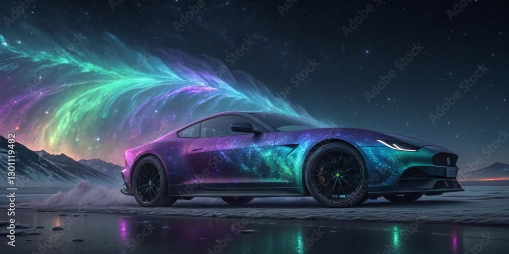Aufkleber an iridescent surface displaying dynamic, flowing colors in an abstract futuristic design, with shif