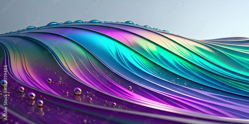 Poster an iridescent surface displaying dynamic, flowing colors in an abstract futuristic design, with shif