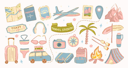 Travel and Vacation stickers. Set of elements for a trip in flat hand-drawn style. Vector.