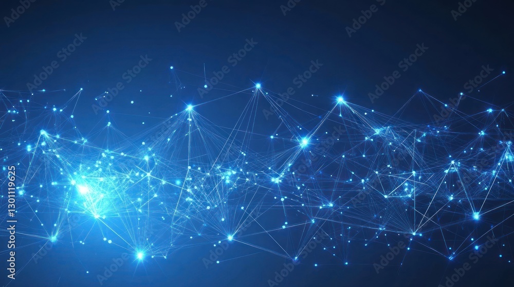 Poster glowing network connection with lines and dots on dark blue background