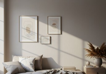 Beige Minimalist Bedroom Interior With Sunlight And Pampas Grass