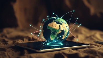 Connected World: A globe with network connections sits atop a sleek tablet, symbolizing global digital reach.