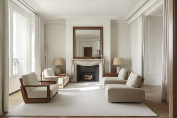 Fototapeta premium Elegant living room with neutral tones, fireplace, and wooden furniture.