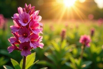 Fototapeta premium lush pink blossoms on spiked veronica in sunlight, sun, nature