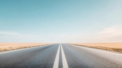 Fototapeta premium open road stretching under clear blue sky bordered by vast fields perfect for conveying freedom and exploration with