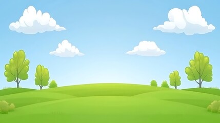 Obraz premium A cartoon landscape of a green field with blue sky and clouds