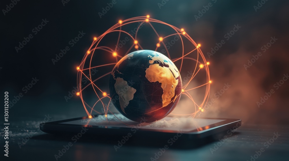 Aufkleber global network: a digital globe rests on a tablet, encircled by a glowing web of interconnected node