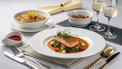 Elegant Grilled Salmon Dinner Plate with Vegetables and Side Dish Fine Dining Setting