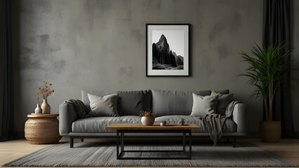 Black frame mockup in boho living room interior background with gray sofa.